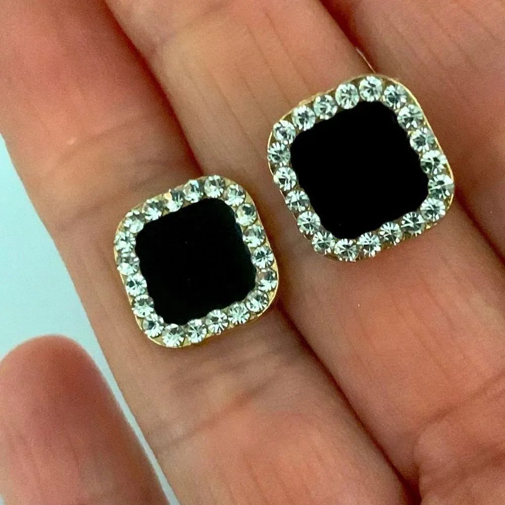 Art Deco 1820s Style Square Studs Faux Black Onyx with Rhinestones